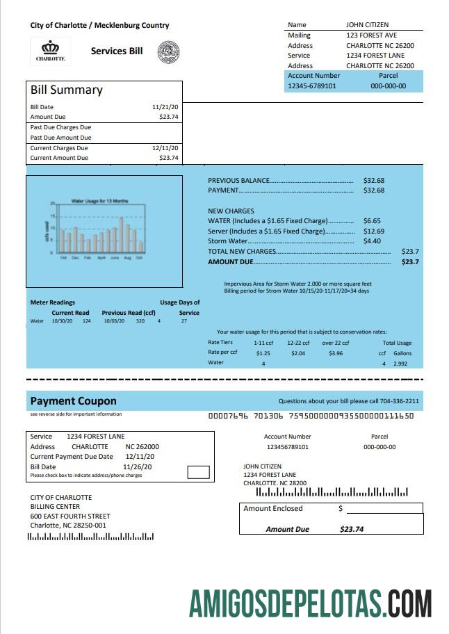 Para baixar modelo de conta de serviços públicos de água da cidade de Charlotte, EUA, Carolina do Norte, em formato Word e PDF